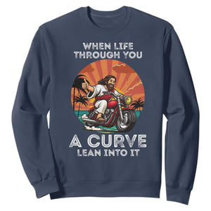 Funny Jesus Christian Motorcycle Sweatshirt When Life Throws You A Curve Lean Into It TS14 Navy Print Your Wear