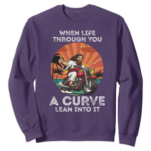 Funny Jesus Christian Motorcycle Sweatshirt When Life Throws You A Curve Lean Into It TS14 Purple Print Your Wear