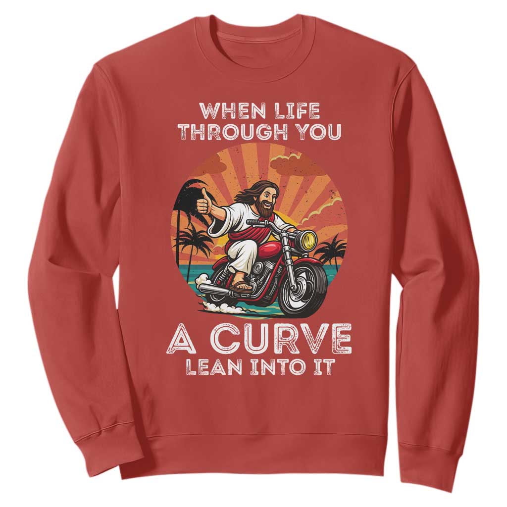 Funny Jesus Christian Motorcycle Sweatshirt When Life Throws You A Curve Lean Into It TS14 Red Print Your Wear