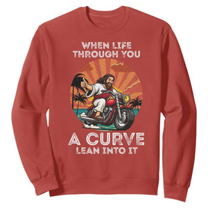 Funny Jesus Christian Motorcycle Sweatshirt When Life Throws You A Curve Lean Into It TS14 Red Print Your Wear