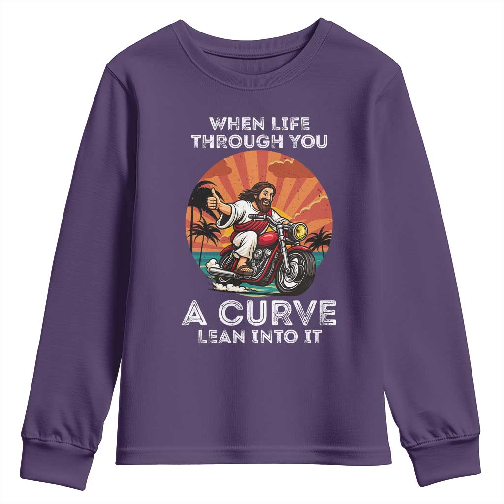 Funny Jesus Christian Motorcycle Youth Sweatshirt When Life Throws You A Curve Lean Into It TS14 Purple Print Your Wear