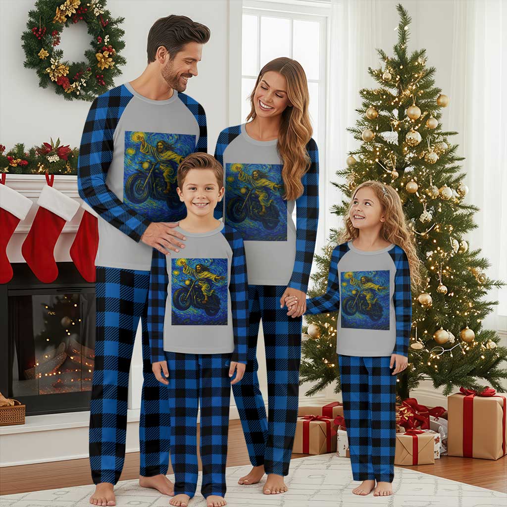 Funny Jesus Christian Motorcycle Plaid Pajama Set Starry Night Van Gogh Biker TS14 Blue Plaid Print Your Wear