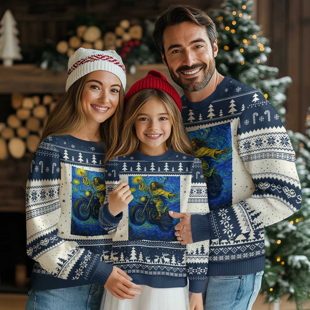 Funny Jesus Christian Motorcycle Ugly Christmas Sweater Starry Night Van Gogh Biker TS14 Beige Navy Print Your Wear