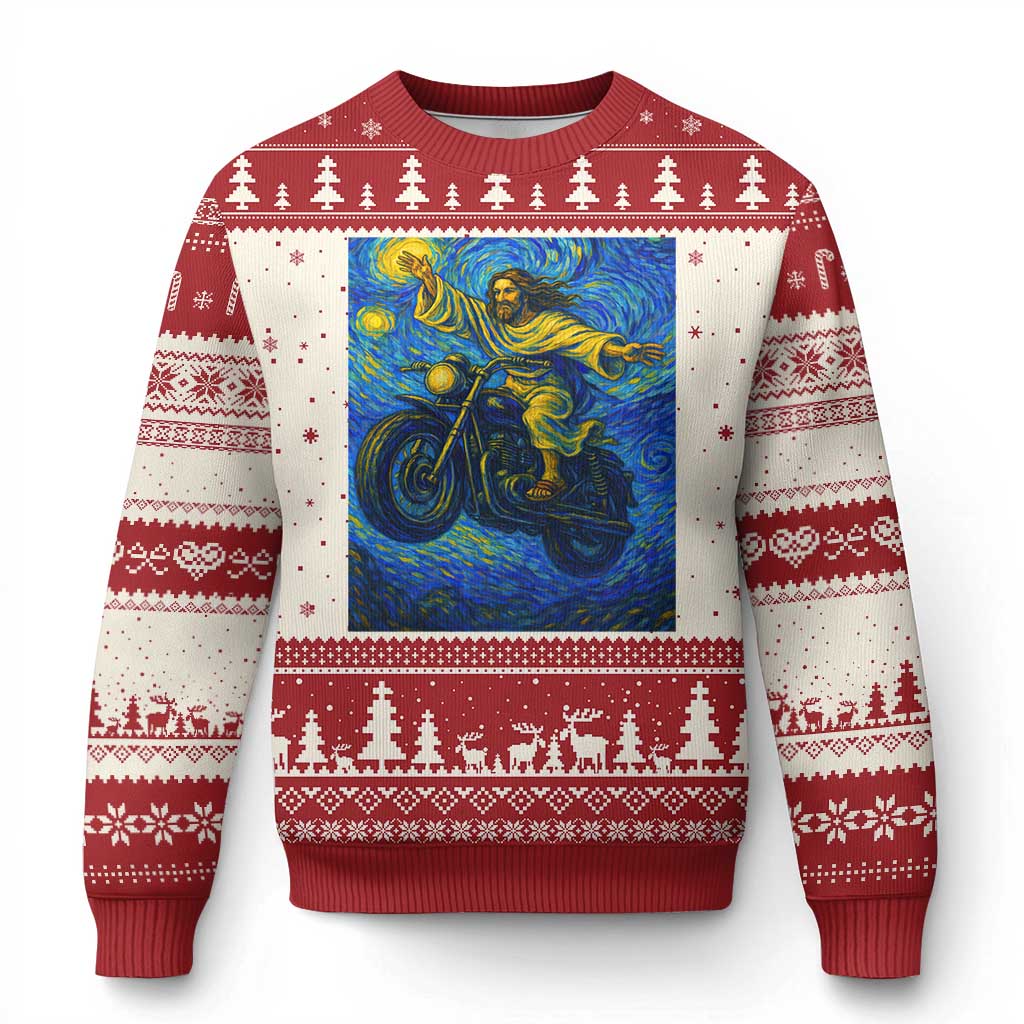 Funny Jesus Christian Motorcycle Ugly Christmas Sweater Starry Night Van Gogh Biker TS14 Beige Red Print Your Wear