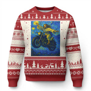 Funny Jesus Christian Motorcycle Ugly Christmas Sweater Starry Night Van Gogh Biker TS14 Beige Red Print Your Wear