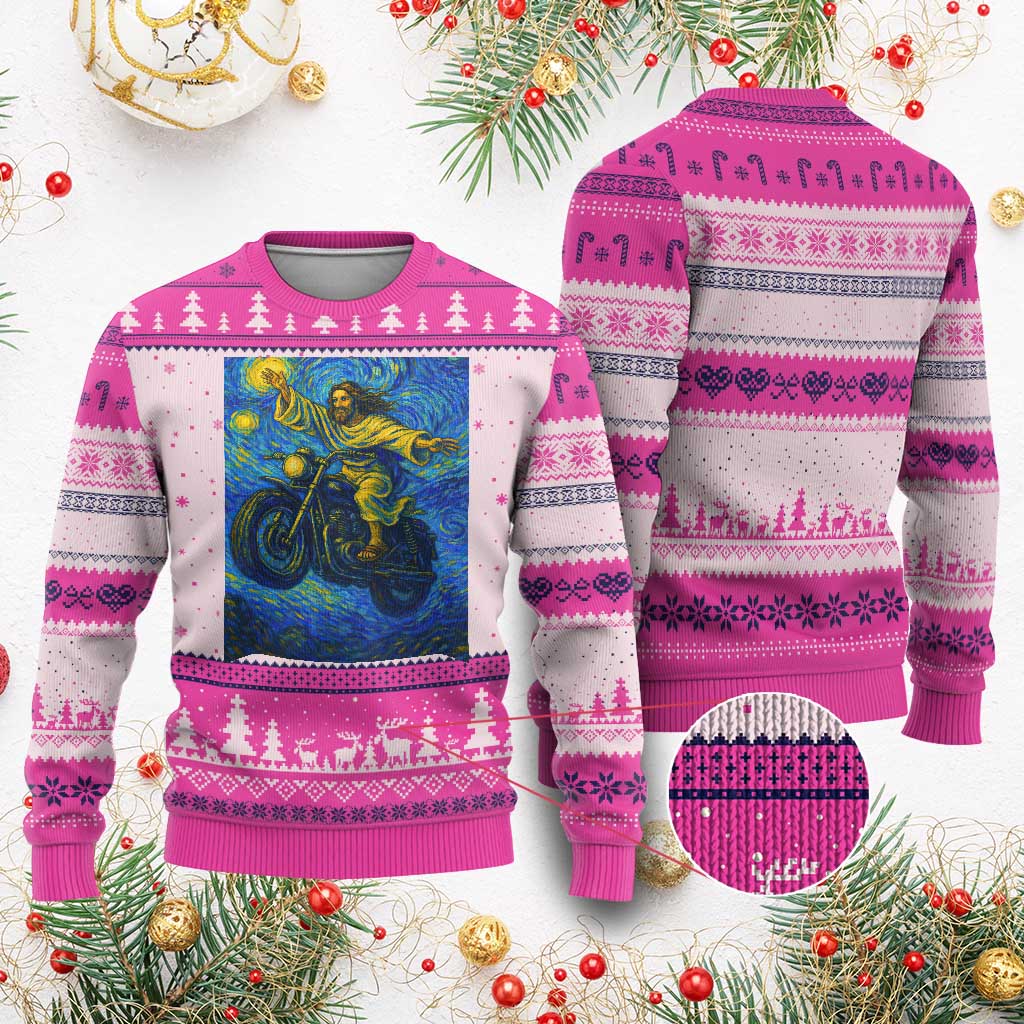 Funny Jesus Christian Motorcycle Ugly Christmas Sweater Starry Night Van Gogh Biker TS14 Hot Pink Print Your Wear