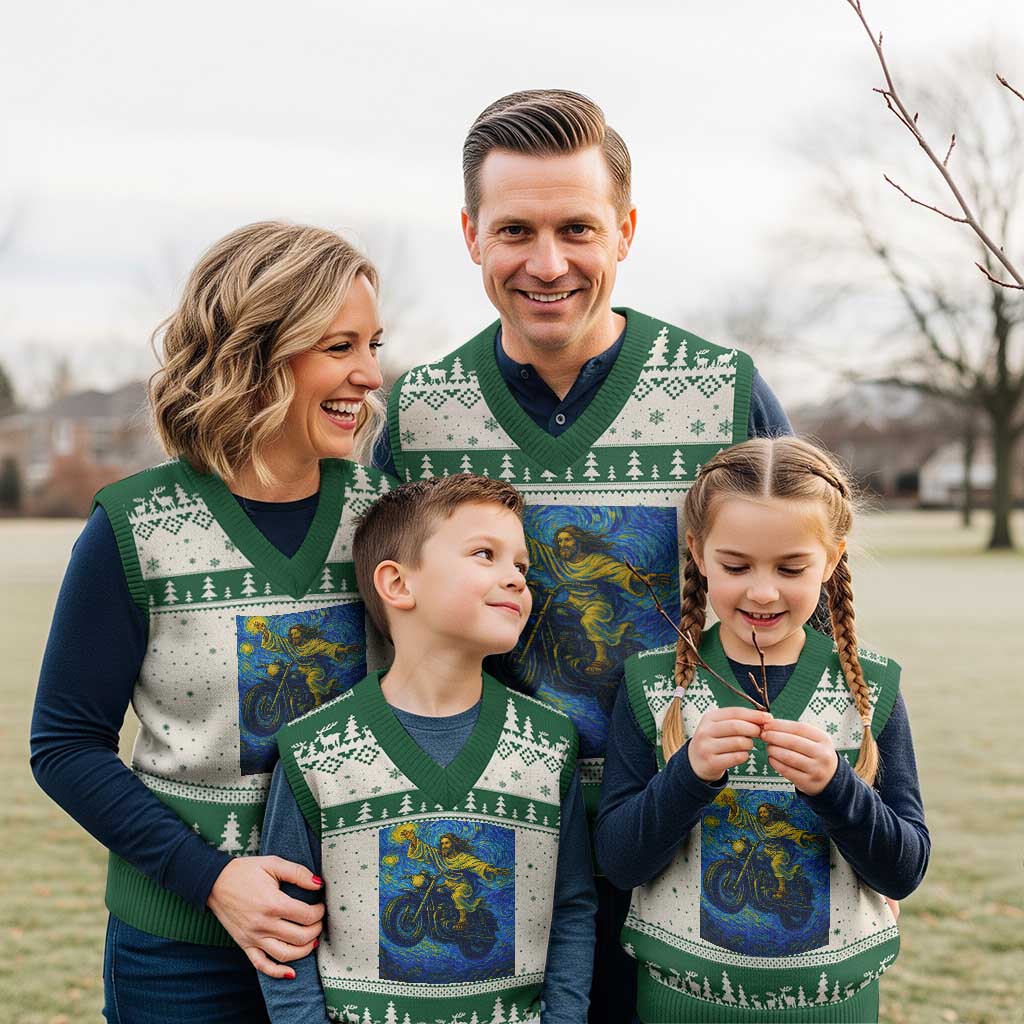 Funny Jesus Christian Motorcycle V-Neck Knit Sweater Vest Starry Night Van Gogh Biker TS14 Beige Green Print Your Wear