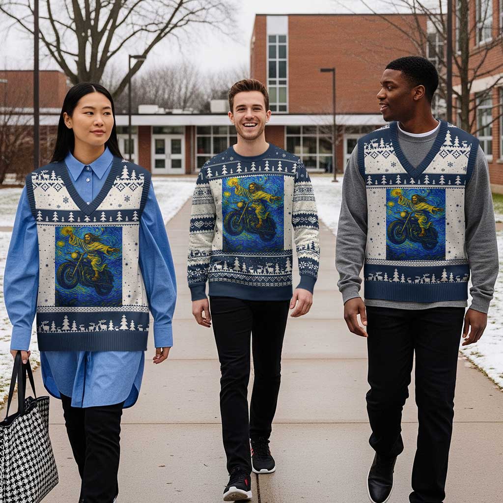 Funny Jesus Christian Motorcycle V-Neck Knit Sweater Vest Starry Night Van Gogh Biker TS14 Beige Navy Print Your Wear