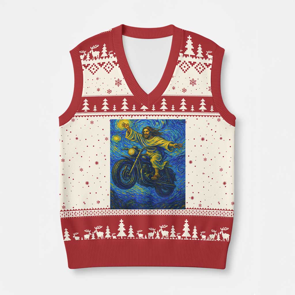 Funny Jesus Christian Motorcycle V-Neck Knit Sweater Vest Starry Night Van Gogh Biker TS14 Beige Red Print Your Wear