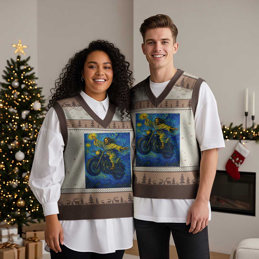 Funny Jesus Christian Motorcycle V-Neck Knit Sweater Vest Starry Night Van Gogh Biker TS14 Mocha Mousse Print Your Wear