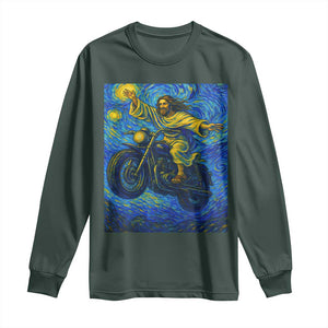 Funny Jesus Christian Motorcycle Long Sleeve Shirt Starry Night Van Gogh Biker TS14 Dark Forest Green Print Your Wear