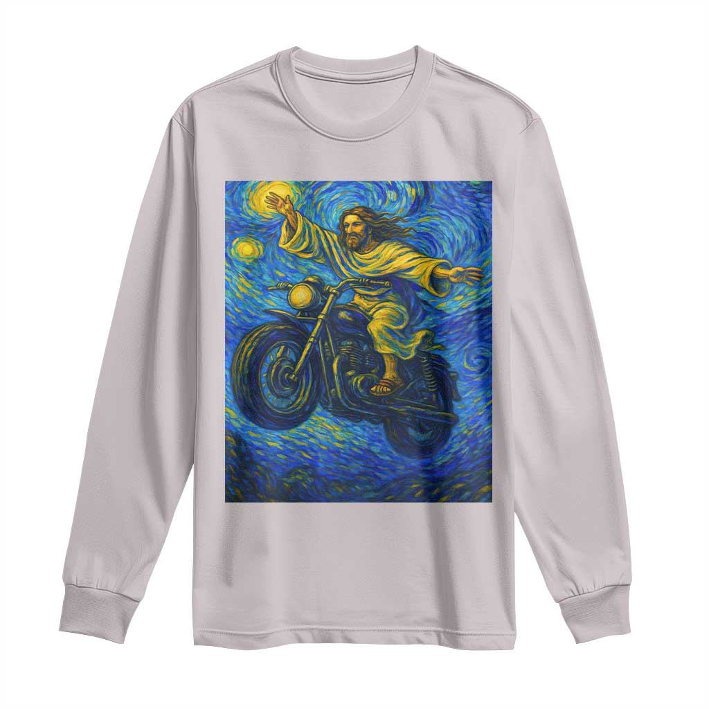 Funny Jesus Christian Motorcycle Long Sleeve Shirt Starry Night Van Gogh Biker TS14 Ice Gray Print Your Wear