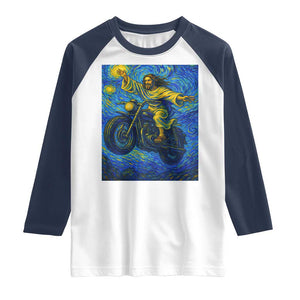 Funny Jesus Christian Motorcycle Raglan Shirt Starry Night Van Gogh Biker TS14 White Navy Print Your Wear