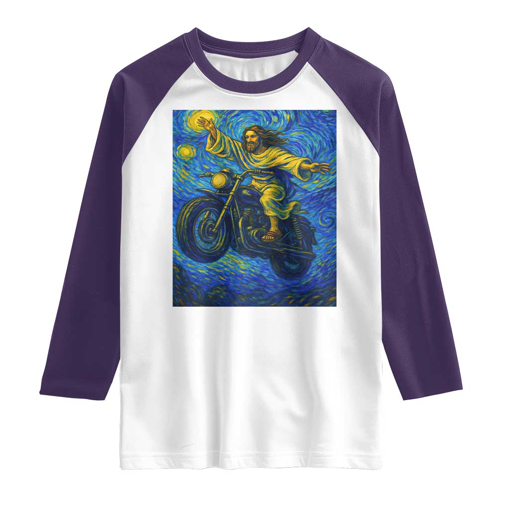 Funny Jesus Christian Motorcycle Raglan Shirt Starry Night Van Gogh Biker TS14 White Purple Print Your Wear