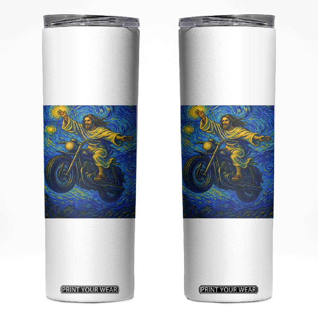 Funny Jesus Christian Motorcycle Skinny Tumbler Starry Night Van Gogh Biker TS14 White Print Your Wear