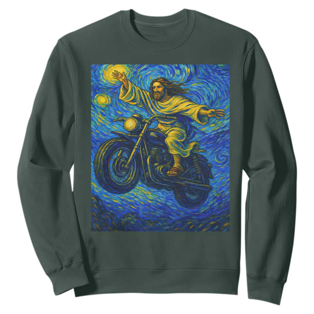 Funny Jesus Christian Motorcycle Sweatshirt Starry Night Van Gogh Biker TS14 Dark Forest Green Print Your Wear