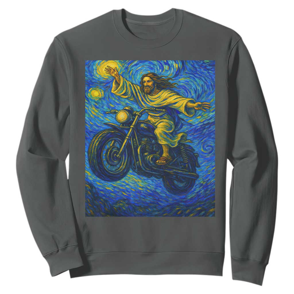 Funny Jesus Christian Motorcycle Sweatshirt Starry Night Van Gogh Biker TS14 Dark Heather Print Your Wear