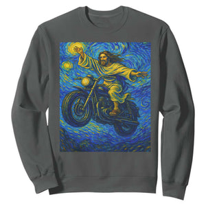 Funny Jesus Christian Motorcycle Sweatshirt Starry Night Van Gogh Biker TS14 Dark Heather Print Your Wear
