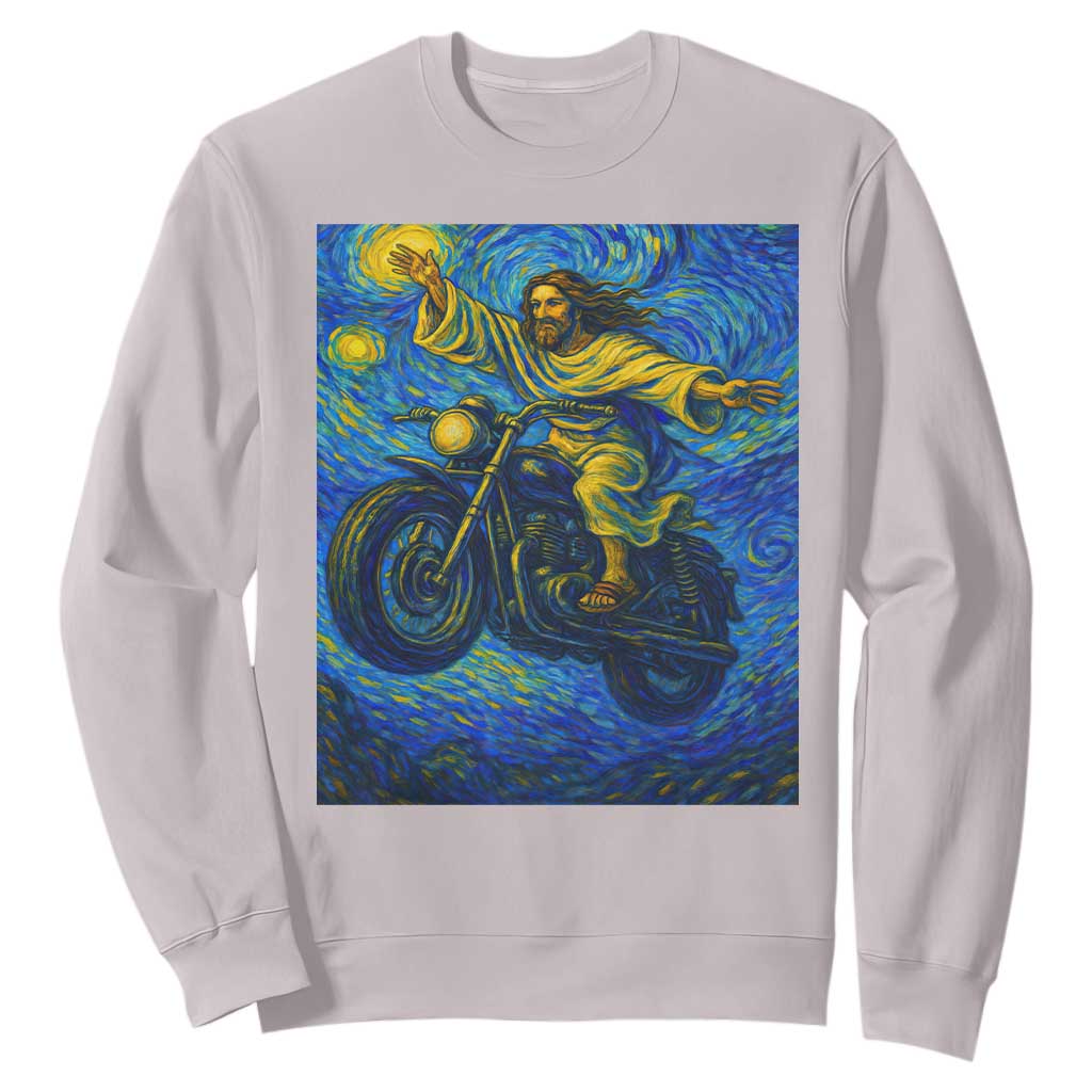 Funny Jesus Christian Motorcycle Sweatshirt Starry Night Van Gogh Biker TS14 Ice Gray Print Your Wear