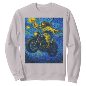 Funny Jesus Christian Motorcycle Sweatshirt Starry Night Van Gogh Biker TS14 Ice Gray Print Your Wear