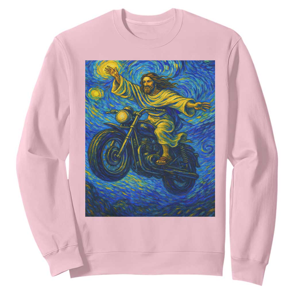 Funny Jesus Christian Motorcycle Sweatshirt Starry Night Van Gogh Biker TS14 Light Pink Print Your Wear