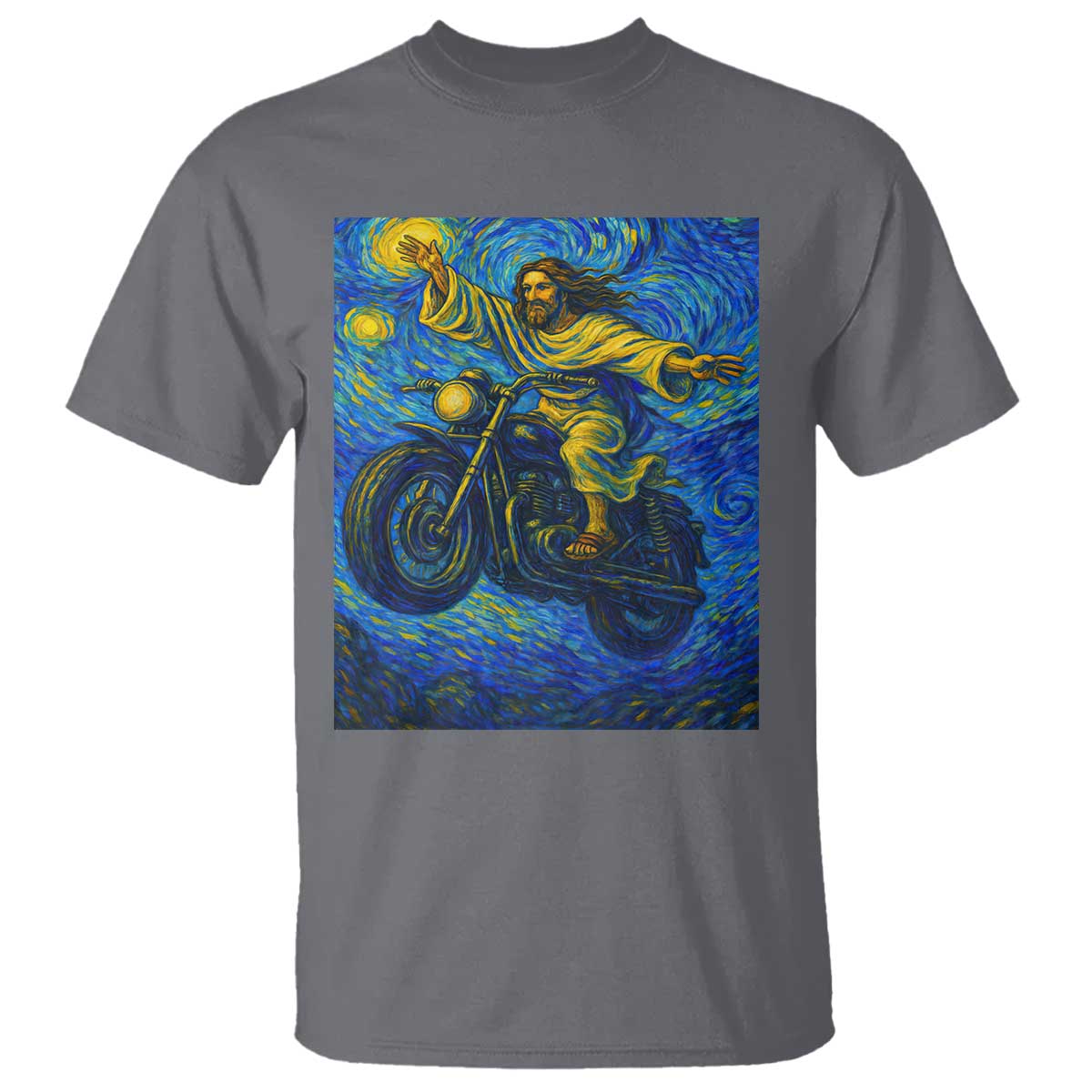 Funny Jesus Christian Motorcycle T Shirt Starry Night Van Gogh Biker TS14 Charcoal Print Your Wear