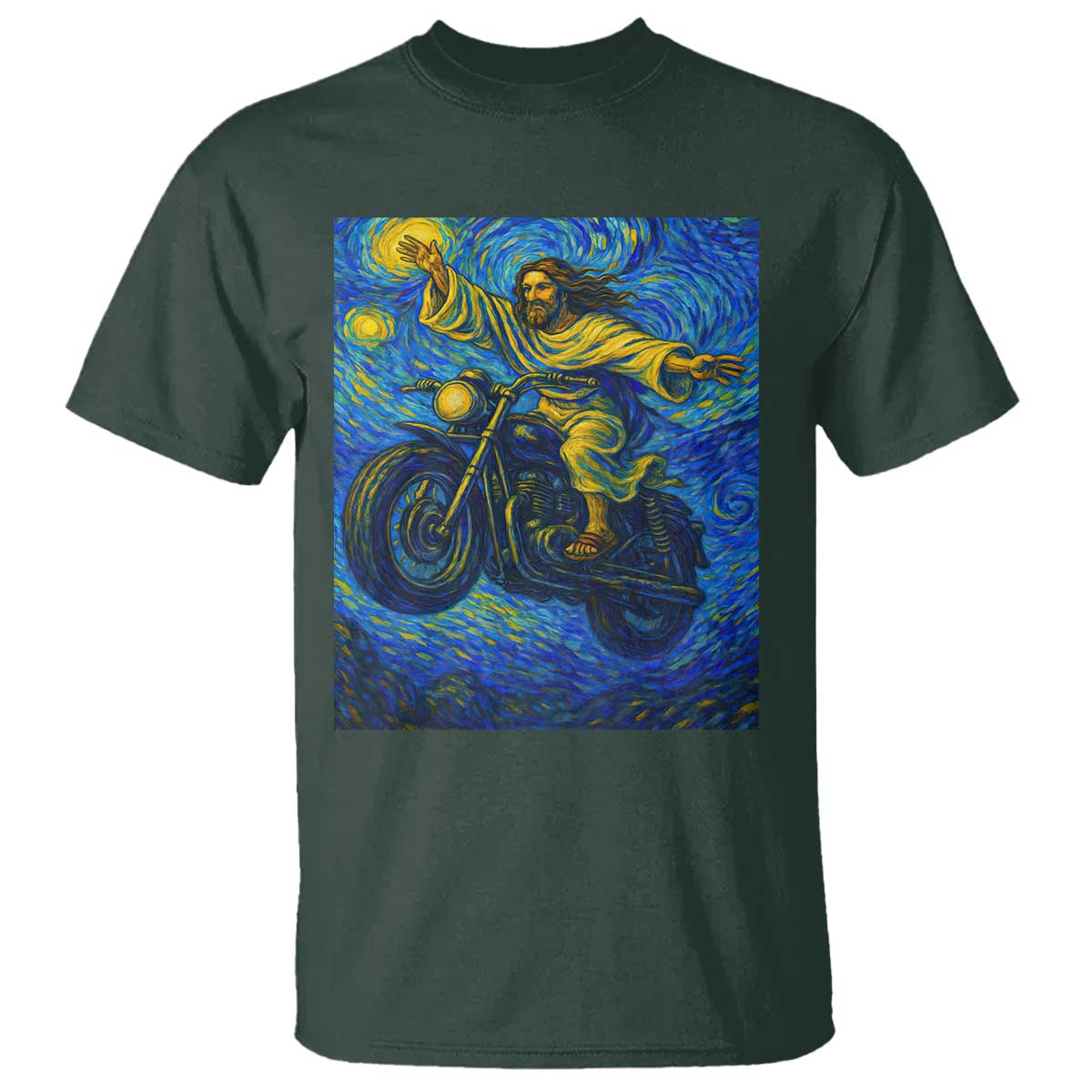 Funny Jesus Christian Motorcycle T Shirt Starry Night Van Gogh Biker TS14 Dark Forest Green Print Your Wear