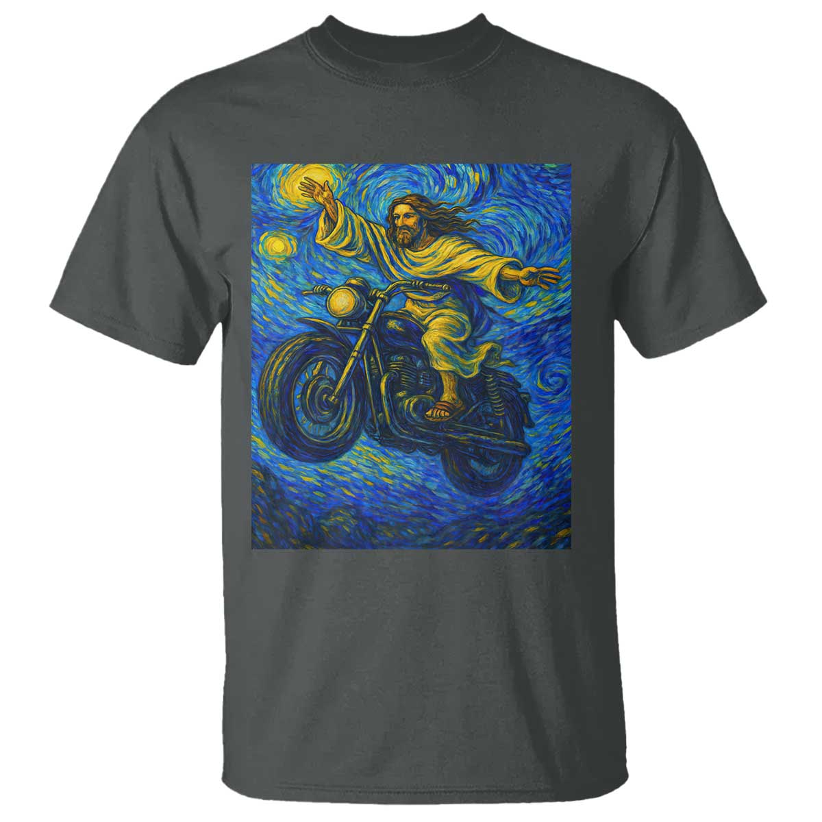 Funny Jesus Christian Motorcycle T Shirt Starry Night Van Gogh Biker TS14 Dark Heather Print Your Wear
