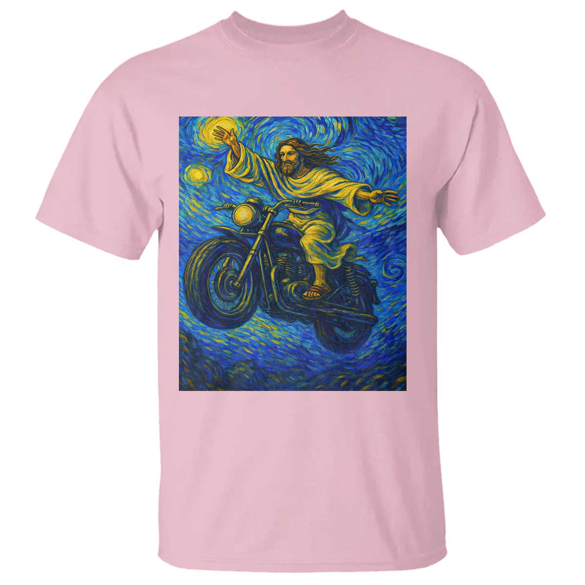 Funny Jesus Christian Motorcycle T Shirt Starry Night Van Gogh Biker TS14 Light Pink Print Your Wear