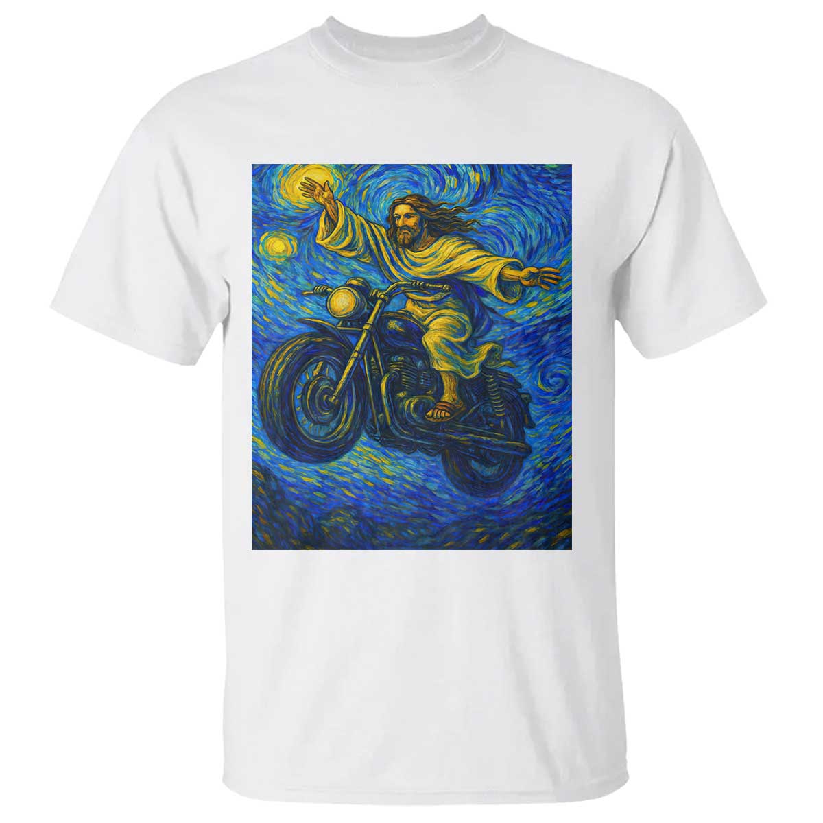 Funny Jesus Christian Motorcycle T Shirt Starry Night Van Gogh Biker TS14 White Print Your Wear