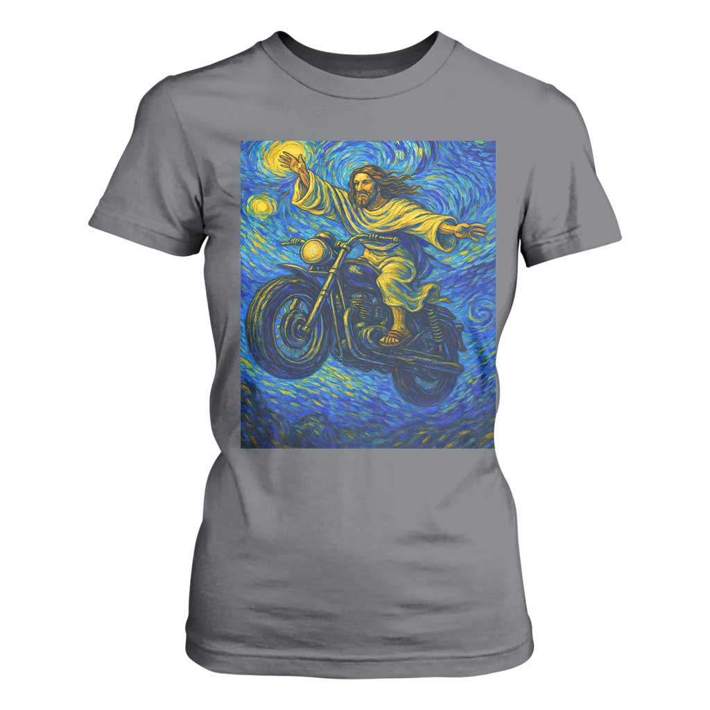Funny Jesus Christian Motorcycle T Shirt For Women Starry Night Van Gogh Biker TS14 Charcoal Print Your Wear