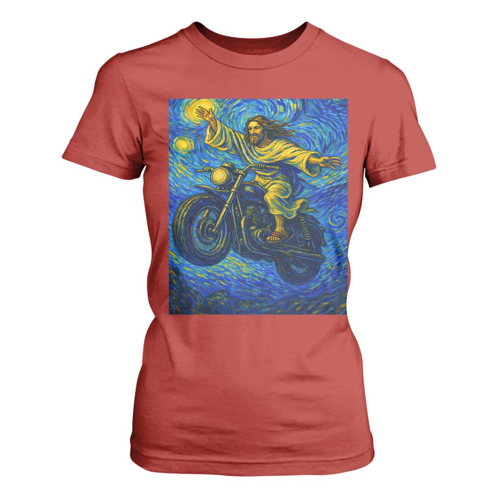 Funny Jesus Christian Motorcycle T Shirt For Women Starry Night Van Gogh Biker TS14 Red Print Your Wear