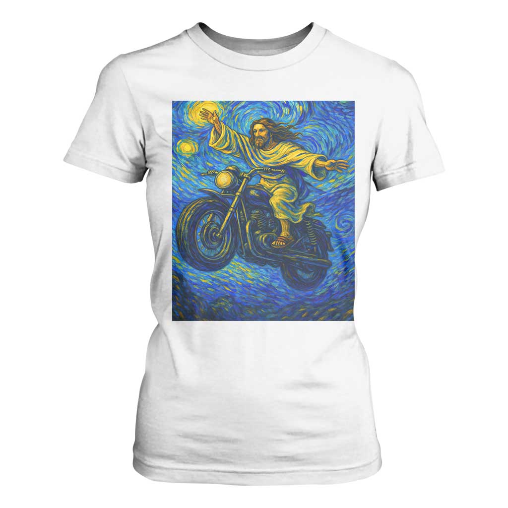 Funny Jesus Christian Motorcycle T Shirt For Women Starry Night Van Gogh Biker TS14 White Print Your Wear