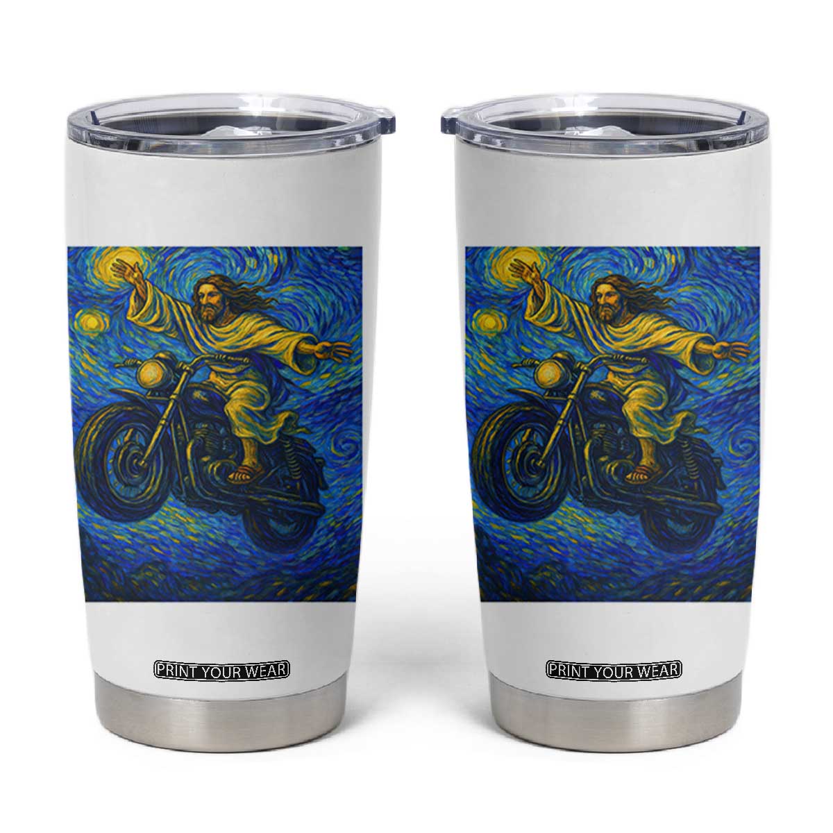Funny Jesus Christian Motorcycle Tumbler Cup Starry Night Van Gogh Biker TS14 White Print Your Wear