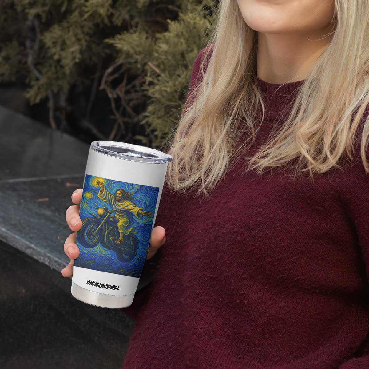 Funny Jesus Christian Motorcycle Tumbler Cup Starry Night Van Gogh Biker TS14 Print Your Wear