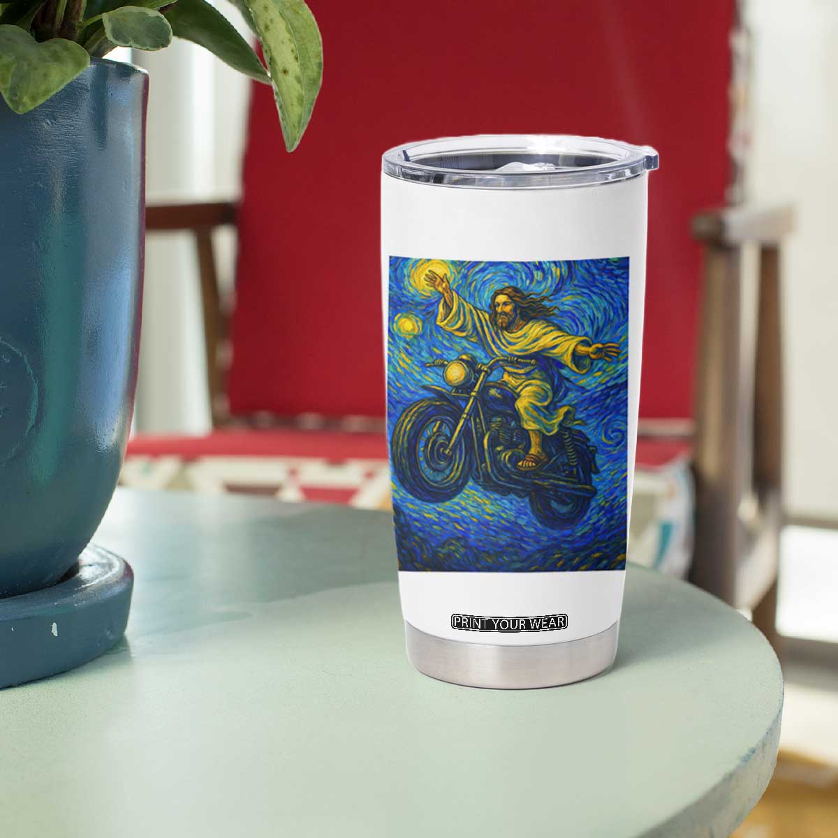 Funny Jesus Christian Motorcycle Tumbler Cup Starry Night Van Gogh Biker TS14 Print Your Wear