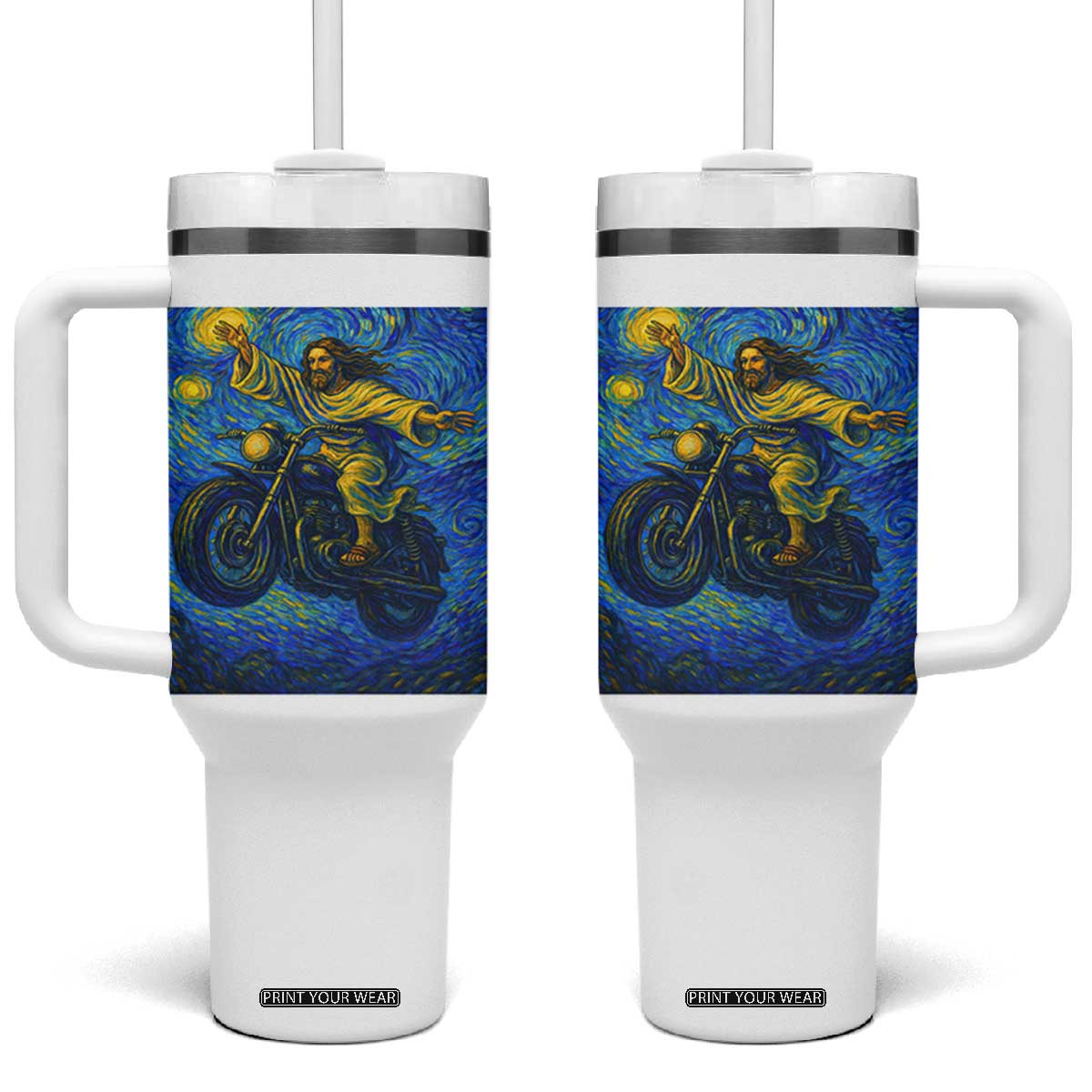 Funny Jesus Christian Motorcycle Tumbler With Handle Starry Night Van Gogh Biker TS14 One Size: 40 oz White Print Your Wear