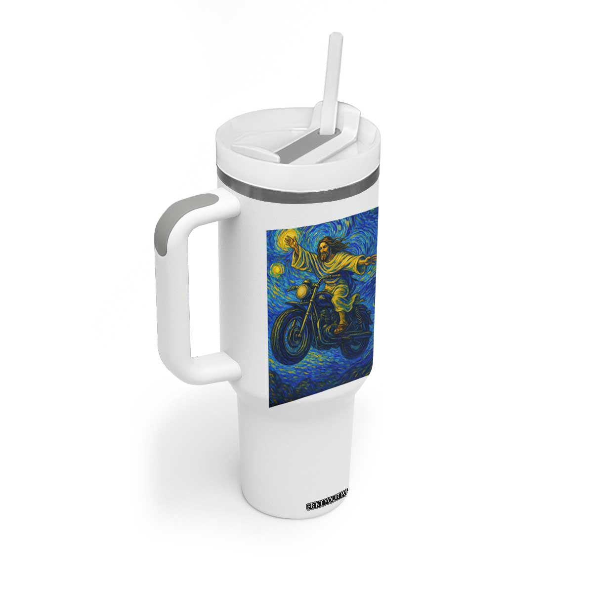Funny Jesus Christian Motorcycle Tumbler With Handle Starry Night Van Gogh Biker TS14 Print Your Wear