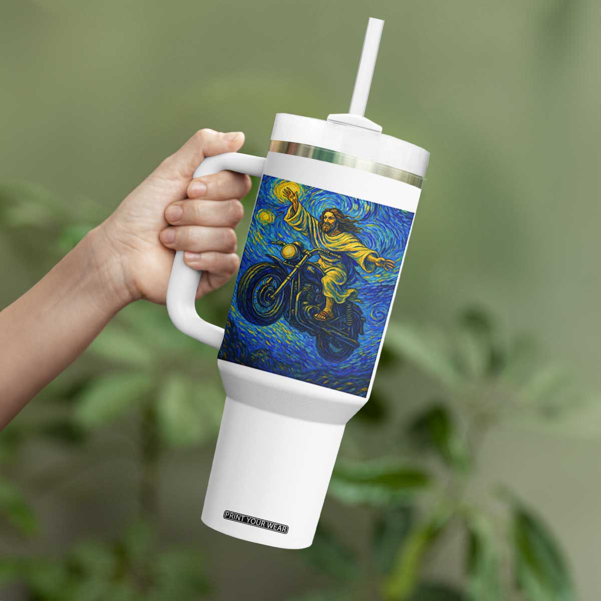 Funny Jesus Christian Motorcycle Tumbler With Handle Starry Night Van Gogh Biker TS14 Print Your Wear