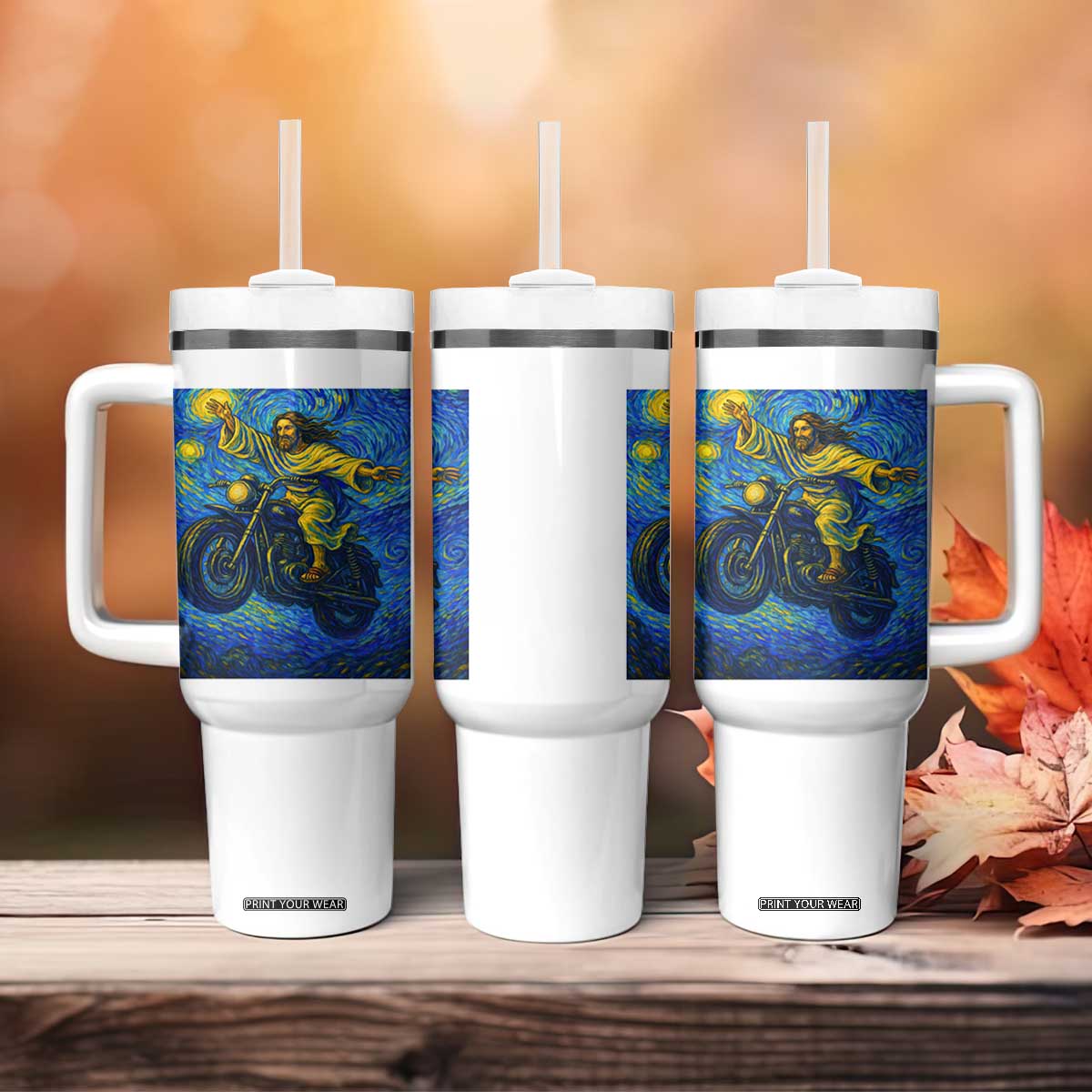 Funny Jesus Christian Motorcycle Tumbler With Handle Starry Night Van Gogh Biker TS14 Print Your Wear