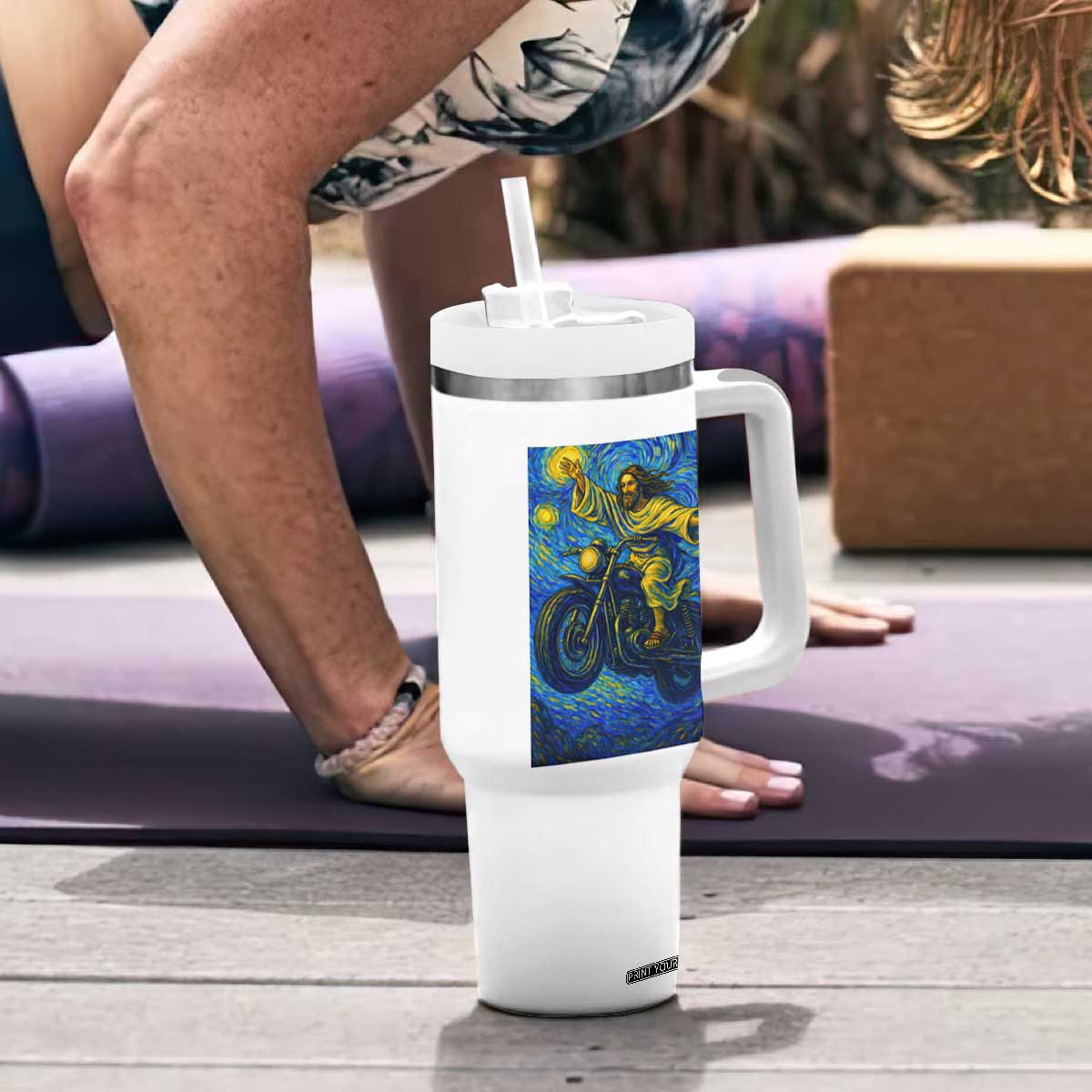 Funny Jesus Christian Motorcycle Tumbler With Handle Starry Night Van Gogh Biker TS14 Print Your Wear