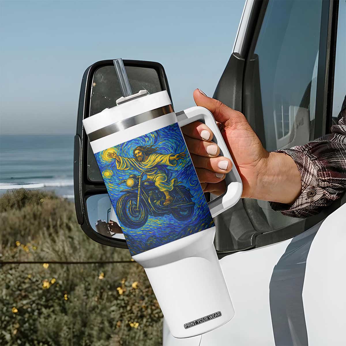 Funny Jesus Christian Motorcycle Tumbler With Handle Starry Night Van Gogh Biker TS14 Print Your Wear