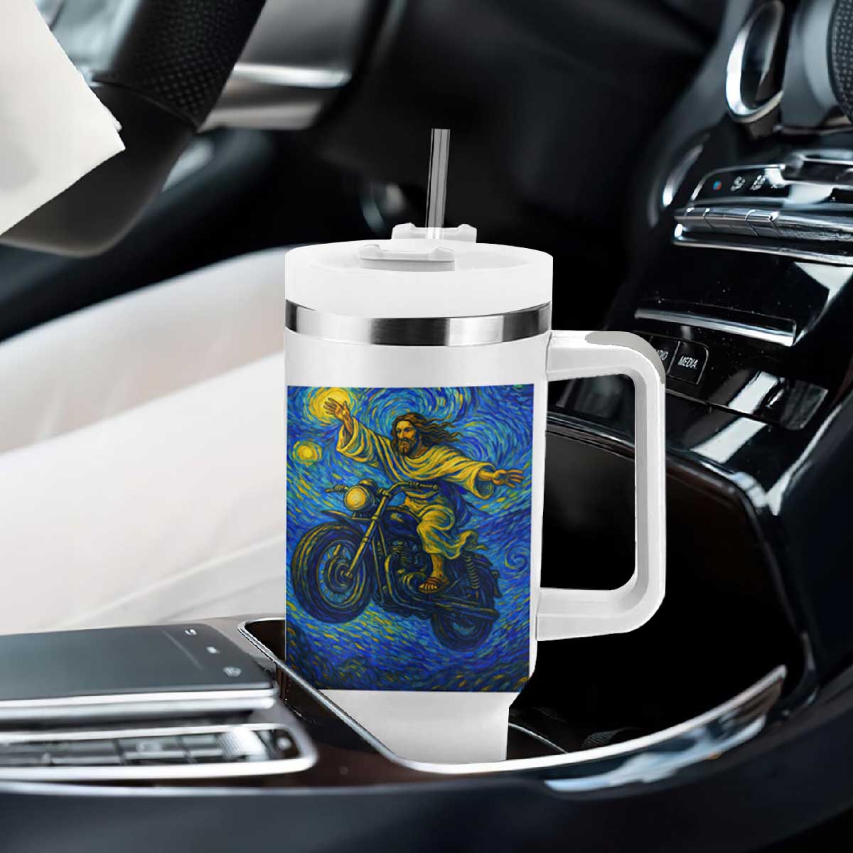 Funny Jesus Christian Motorcycle Tumbler With Handle Starry Night Van Gogh Biker TS14 Print Your Wear