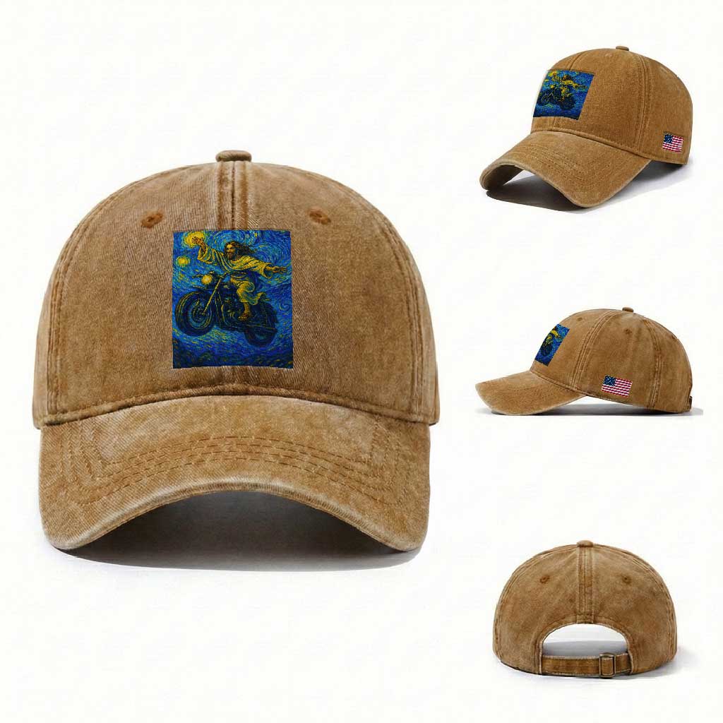 Funny Jesus Christian Motorcycle Washed Cotton Baseball Cap Starry Night Van Gogh Biker TS14 Washed Cap Universal Fit Yellow Ochre Print Your Wear