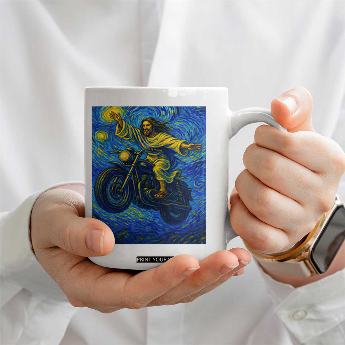 Funny Jesus Christian Motorcycle Coffee Mug Starry Night Van Gogh Biker TS14 Print Your Wear