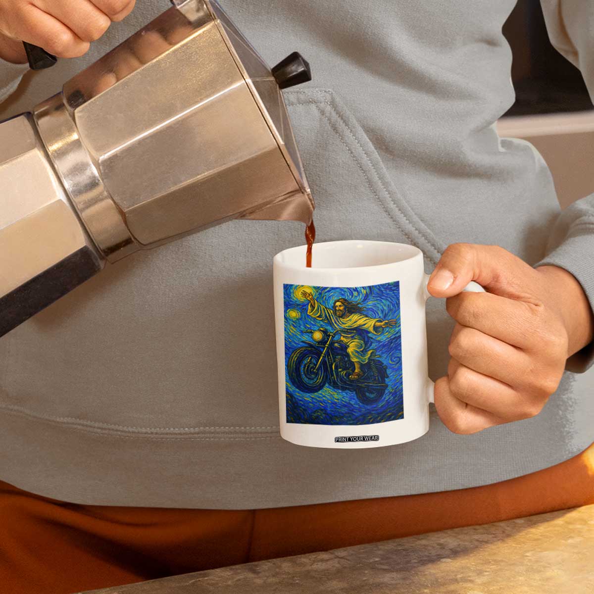 Funny Jesus Christian Motorcycle Coffee Mug Starry Night Van Gogh Biker TS14 Print Your Wear