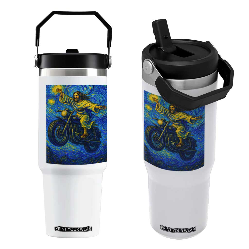 Funny Jesus Christian Motorcycle Flip Straw Tumbler Starry Night Van Gogh Biker TS14 One Size: 30 oz White Print Your Wear