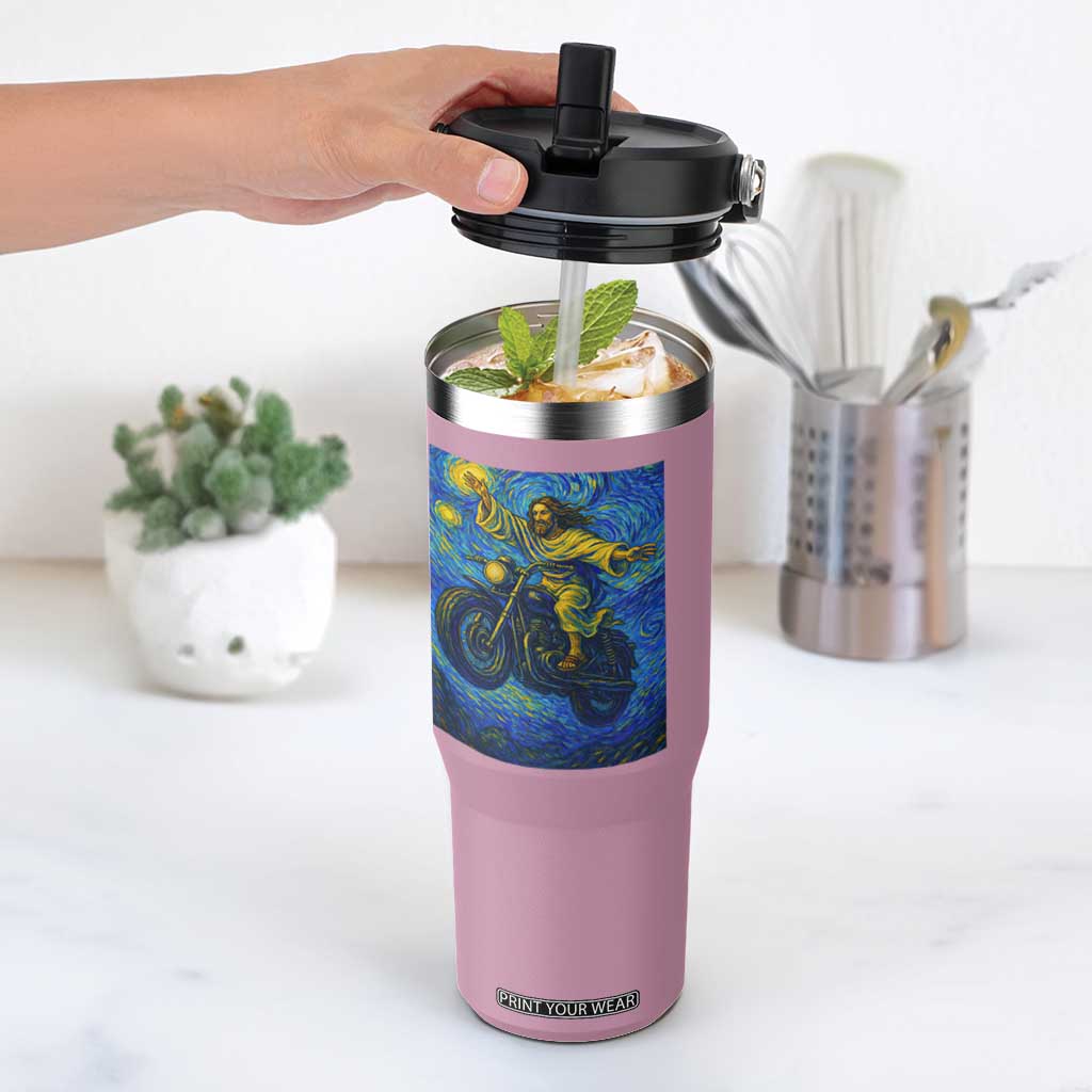 Funny Jesus Christian Motorcycle Flip Straw Tumbler Starry Night Van Gogh Biker TS14 One Size: 30 oz Light Pink Print Your Wear