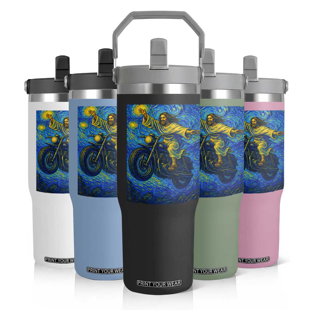 Funny Jesus Christian Motorcycle Flip Straw Tumbler Starry Night Van Gogh Biker TS14 Print Your Wear