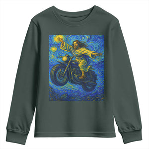 Funny Jesus Christian Motorcycle Youth Sweatshirt Starry Night Van Gogh Biker TS14 Dark Forest Green Print Your Wear